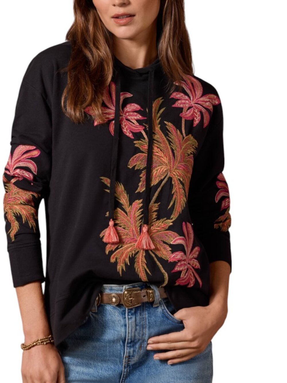 Johnny Was California Jacket Embroidered Pullover Hooded Palm Tree Black S